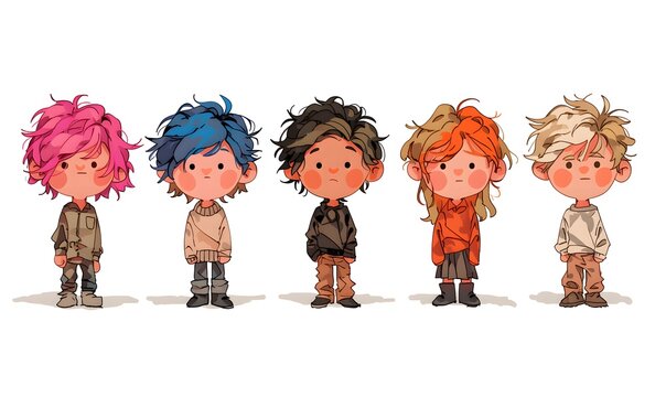 5 cute chibi characters standing in a row, mixed boys and girls, big round head small stubby body