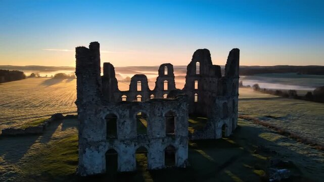 Drone view of ancient castle ruins silhouetted at sunrise with sunbeams shining through arched windows across the field