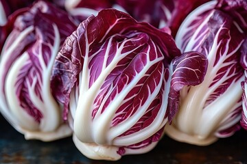 Obraz premium close-up of vibrant purple radicchio heads with crisp white veins on a dark surface, fresh and appetizing