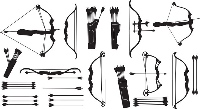 Collection of various bows and arrows for hunting