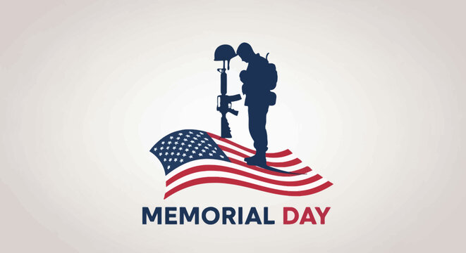 Memorial Day soldier silhouette praying over fallen comrade's rifle and helmet on American flag