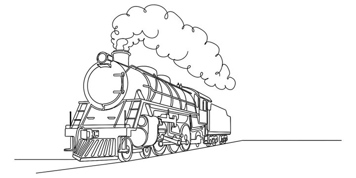 A detailed black and white line art drawing of a classic steam locomotive engine traveling fast