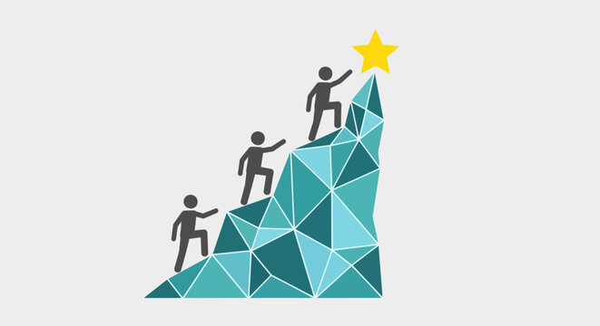 Silhouettes climbing geometric mountain towards golden star.