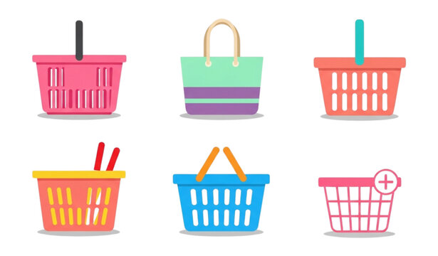 Vector Set of Colorful Shopping Baskets in Various Styles for E-commerce, Retail, and Shopping Designs