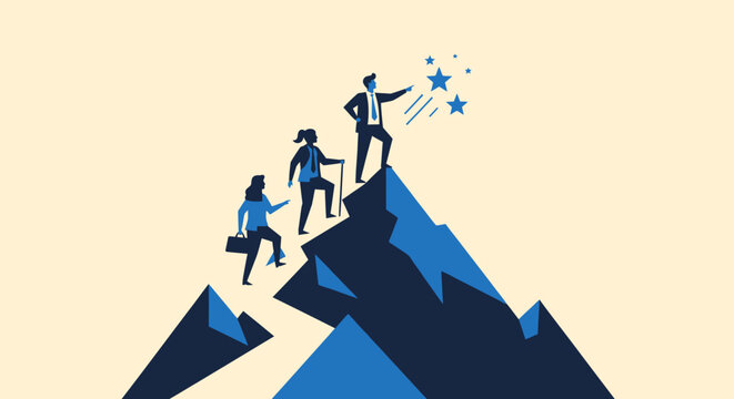 Team climbing mountain reaching success stars achievement.