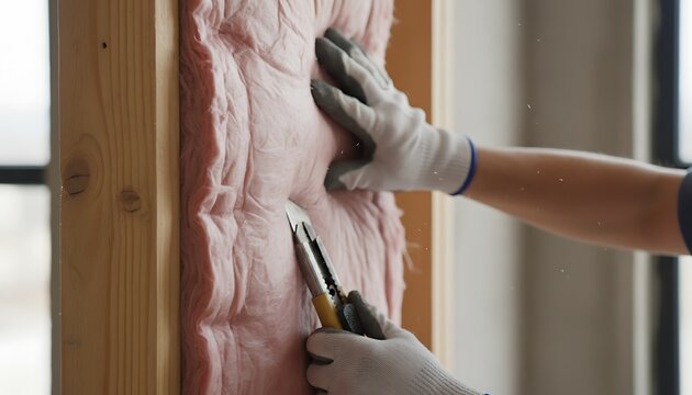 Builders gloved hands carefully cut pink thermal insulation within wooden wall studs