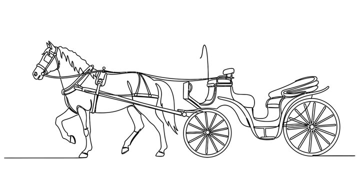 A detailed line drawing of a horse pulling a vintage carriage along a flat horizontal ground line.