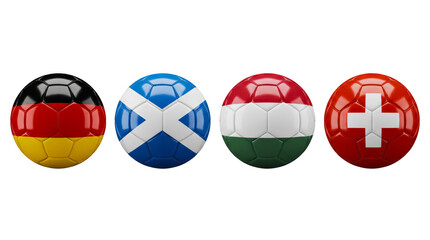 Naklejka premium Set of soccer balls with flags of germany, scotland, hungary and switzerland isolated on transparent background