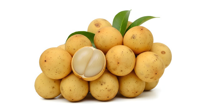 Fresh pale yellow langsat duku cluster with peeled translucent flesh isolated on a pure white background