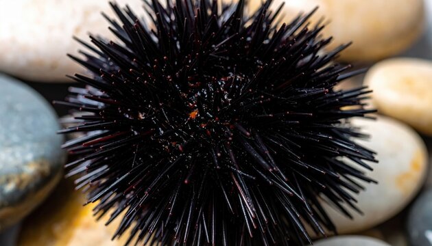 Intricate Details of a Black Sea Urchin with Sharp Protective Spines Resting on Smooth Pebbles