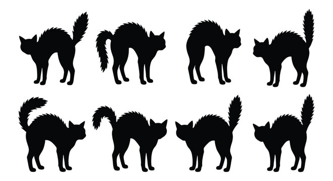 Halloween black cat silhouettes, set of 8 spooky arched back cat icons, scary feline silhouettes for holiday decor and graphic design projects