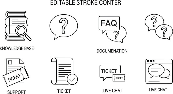 Customer support knowledge base documentation FAQ ticket live chat help center outline editable stroke vector icon set