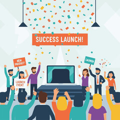 Fototapeta premium Energetic group of happy professionals celebrating a new product launch event with confetti falling on a digital screen design vector
