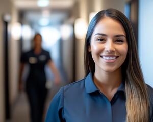 Fototapeta premium Latina maid offering assistance to a hotel guest in the corridor, showcasing the hospitality and customer service provided by housekeeping staff in a professional hotel environment.