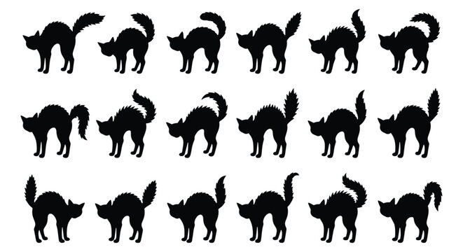 Black cat silhouette collection, 18 spooky halloween cat icons with arched backs, angry feline silhouettes for gothic design and festive decor