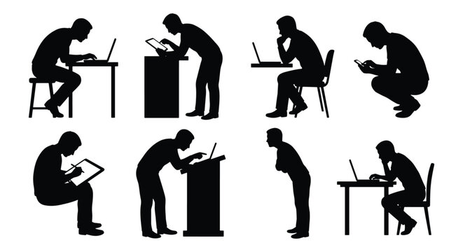 Bad posture silhouette set of people with tech neck, office workers with poor ergonomic habits, men and women slouching over laptops and phones