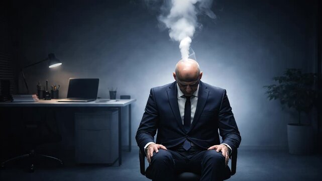 Businessman sitting at desk in office with smoke rising from head in wide website banner with copy space, burnout and overload concept.