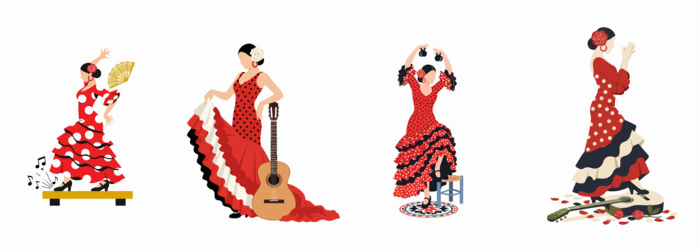 Set of four traditional Spanish flamenco dancers in red polka-dot dresses, performing with fans, guitars, and castanets, isolated on a white background.