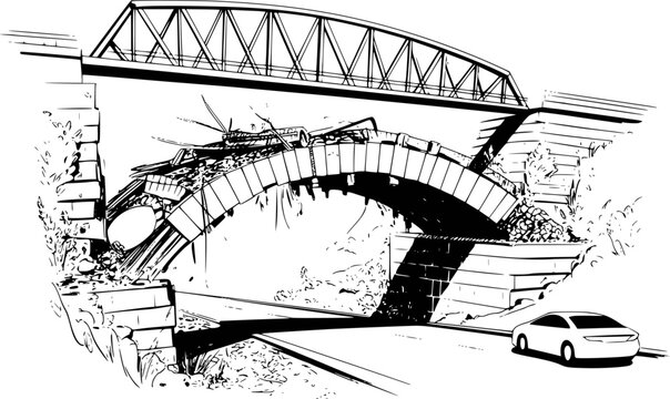 Collapsed arch bridge over road with car, black and white line destruction disaster