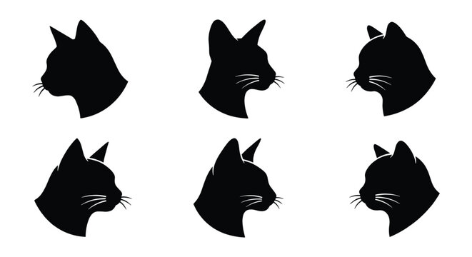 Black cat head silhouettes collection, set of 6 feline profile icons, minimalist kitty face vector graphics for pet branding and logo design