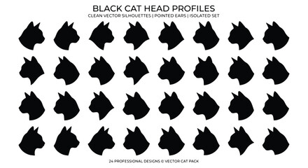 Black cat head profiles, set of 32 clean vector silhouettes with pointed ears, isolated feline head icons for logo design and branding © Zubair