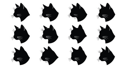 Black cat head silhouette icons, set of 12 feline profile vector elements, minimalist kitten face side view graphics for logos and patterns © Zubair