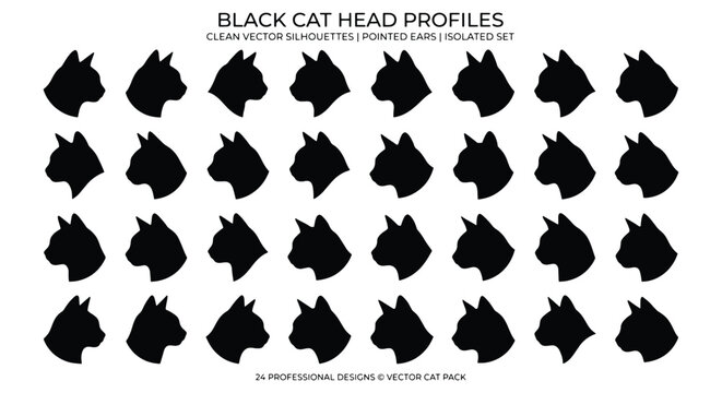 Black cat head profiles, set of 32 clean vector silhouettes with pointed ears, isolated feline head icons for logo design and branding