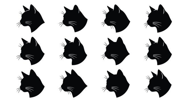 Black cat head silhouette icons, set of 12 feline profile vector elements, minimalist kitten face side view graphics for logos and patterns
