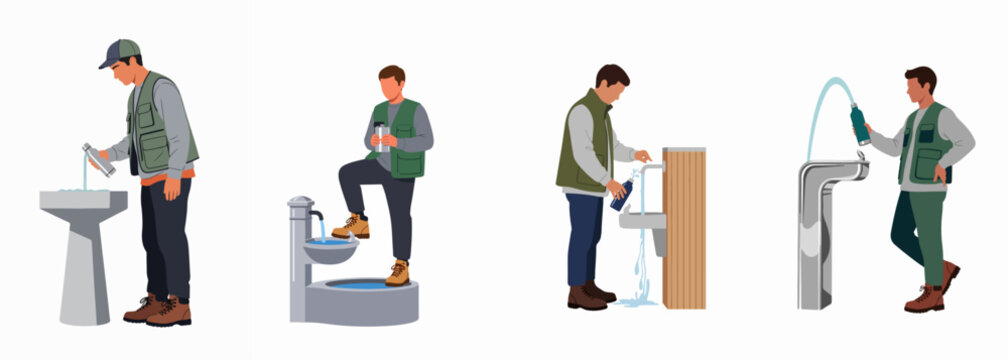 Flat illustration set of a man in hiking gear filling reusable water bottles at various public drinking fountains, isolated on a white background.