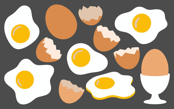 Flat minimalist of fried eggs, whole eggs, and eggshells dark gray background yolk