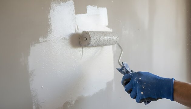 Hand in blue glove applies white paint to a wall with a roller during home improvement