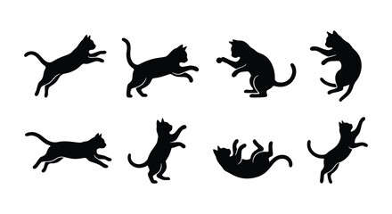 Black cat silhouettes collection, 8 vector feline icons in active poses, jumping and playing kitten shapes, minimalist animal pet graphics © Zubair