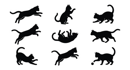 Black cat silhouette collection, set of 9 feline vector icons in various poses, jumping and playing kitten silhouettes for pet graphic design © Zubair