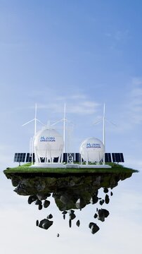 vertical footage of hydrogen renewable energy concept on Floating Archipelago, 3d illustration rendering 