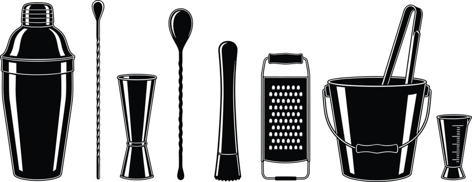 A collection of black and white bar tools including a shaker jigger strainer and ice bucket high quality professional detailed modern