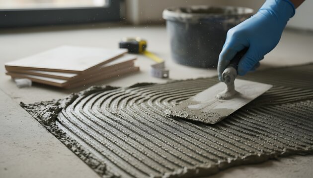 Hand of a construction worker in blue glove applying adhesive for floor tiles