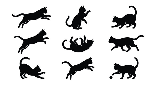 Black cat silhouette collection, set of 9 feline vector icons in various poses, jumping and playing kitten silhouettes for pet graphic design