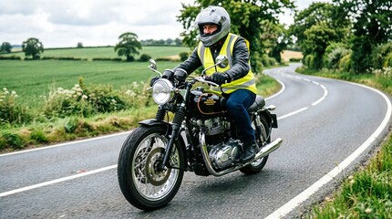 Obraz premium Motorcyclist riding vintage classic British motorcycle on scenic winding country road. Rider wearing safety helmet and protective gear. Retro bike transportation, countryside journey, heritage motorcy