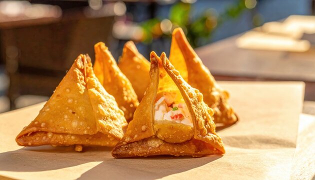 Golden Crispy Fried Crab Rangoon Appetizers with Creamy Seafood Filling, Served on Paper