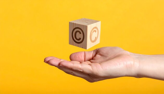 A hand holds a wooden block with copyright symbol