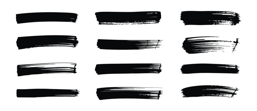 Abstract grunge texture banner collection, black brush strokes, redacted text bars, ink divider lines, vector label set, rough artistic elements for branding, posters, and digital design layouts.