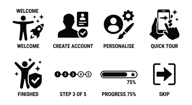 User onboarding icon set for mobile app interface, 8 black vector icons for account creation and progress tracking, website startup wizard elements