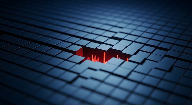 Abstract dark blue grid with a red glowing hole in the center, representing a digital or data breach, cyber security concept