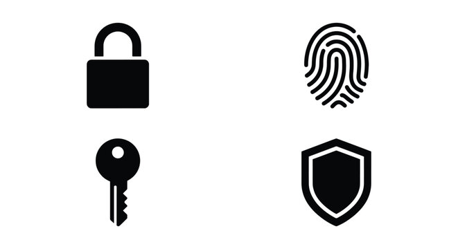 Cyber security icon set with padlock and fingerprint, black digital safety symbols, 4 vector elements for data protection and privacy authentication