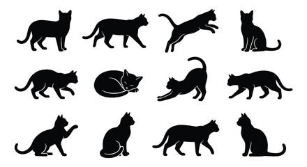 Black cat silhouette collection, set of 12 domestic feline vector icons, various cat poses including jumping, walking, and sleeping, pet animal graphics © Zubair