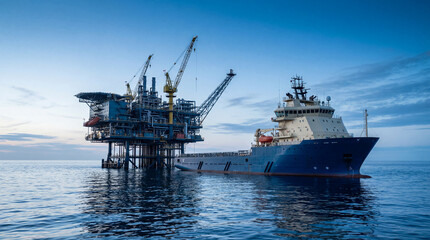 Obraz premium An impressive offshore oil platform with a large supply vessel at sea. Essential for oil and gas exploration, energy production, and the marine industry