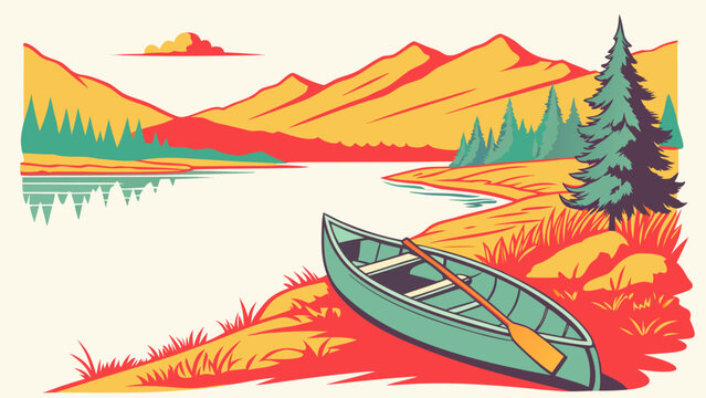 Retro style illustration of a canoe on a mountain lake shore with mountain landscape outdoors adventure wilderness illustration exploration serenity recreation peaceful daylight