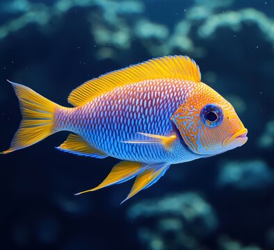 vibrant blue and yellow tropical fish with iridescent scales and bright fins swimming against a blurred coral reef background, calm and serene