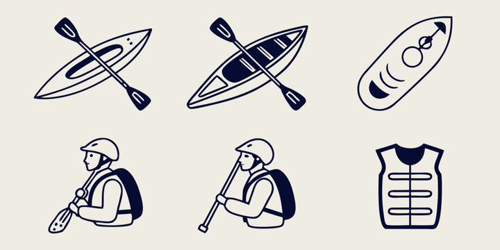 Minimalist blue icon set featuring kayaking equipment including boats paddles life vests water sport water travel kayaking canoeing paddling adventure lifejacket recreation activity
