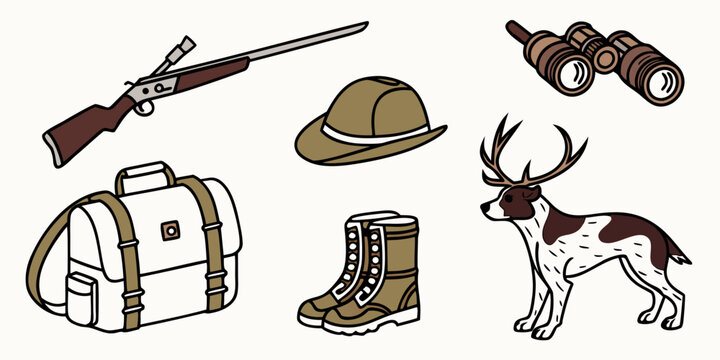 Hunting adventure gear set featuring rifle binoculars hat boots and stag adventure binoculars outdoors wildlife exploration equipment backpack clothing footwear expedition accessory